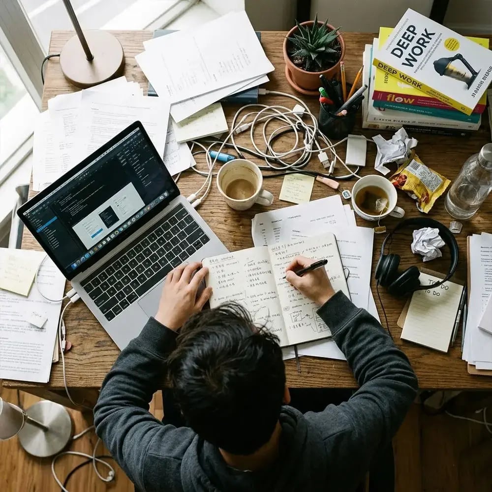 共享辦公空間裡一個男子努力工作中