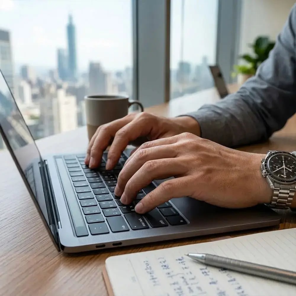 共享辦公空間裡一個男子專心打字