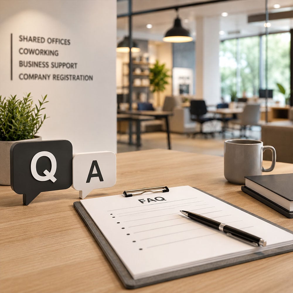 共享辦公室-FAQ-常見問題文件,呈現辦公空間與商務支援諮詢情境
