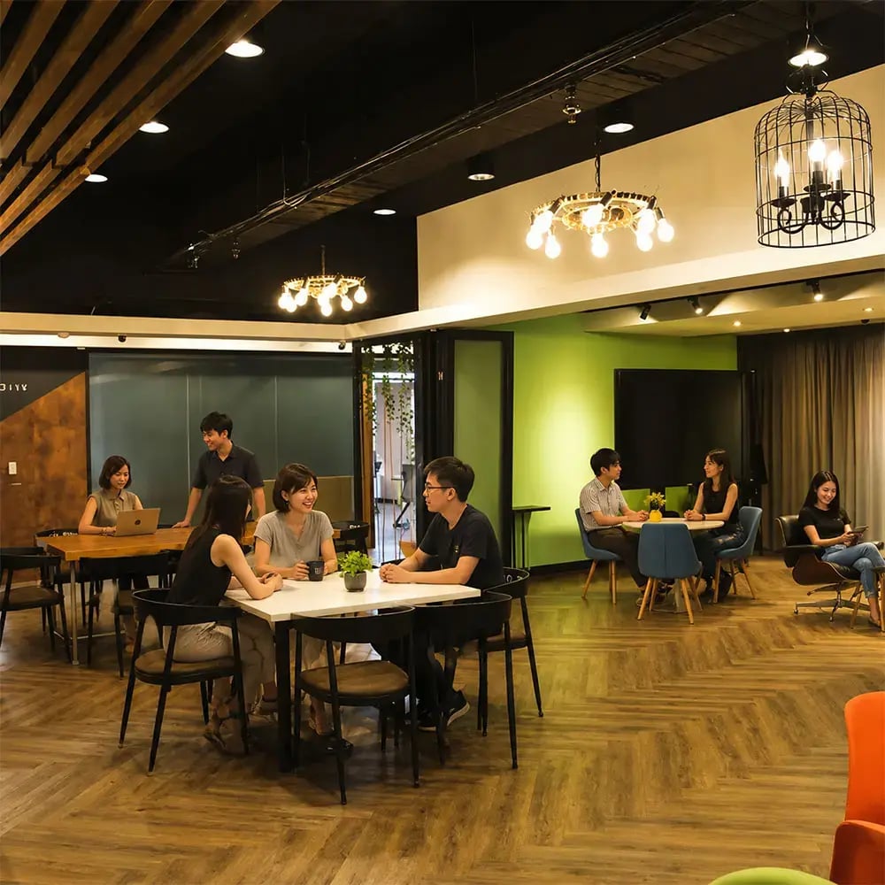 道騰共享辦公室公共區域內,多位亞洲工作者於開放空間交流與辦公,呈現高雄商務中心的彈性辦公與商務互動情境