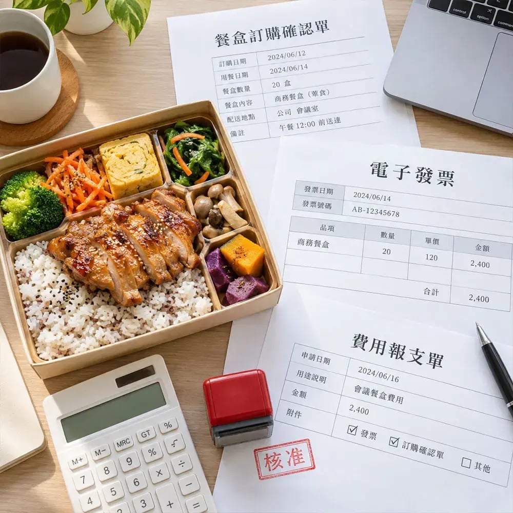 商務餐盒訂購與企業報帳情境,餐盒搭配電子發票、費用報支單與計算機