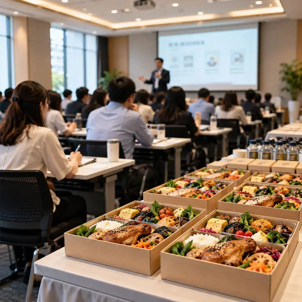 高雄商務餐盒搭配研討會與教育訓練使用情境,會場備有多份餐盒與飲品