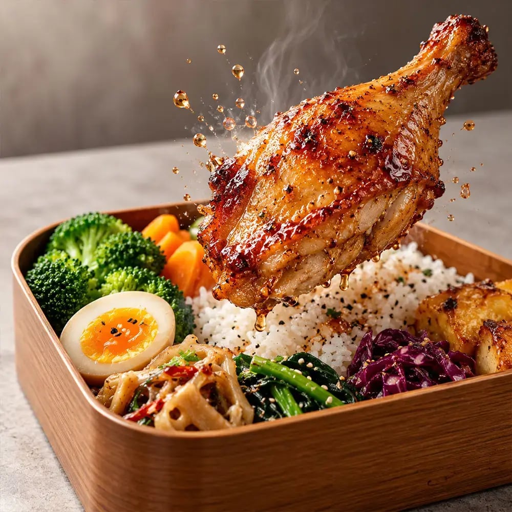 高雄商務餐盒特寫,噴汁雞腿便當搭配白飯、蔬菜與配菜,呈現精緻美味感